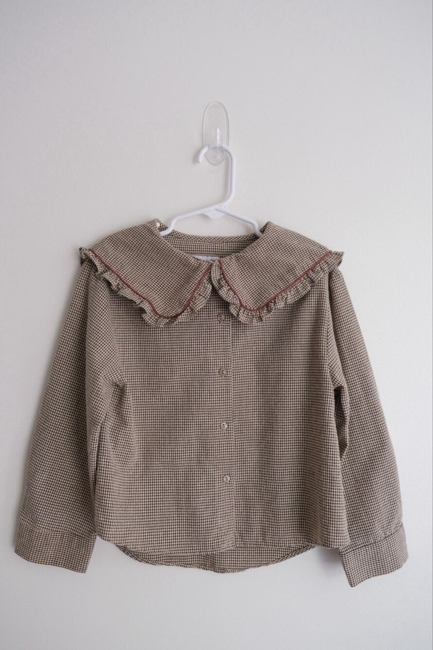 ZARA Plaid Girls 7 Long Sleeve Blouse Peter Pan Ruffle Bib Lace Collar Cottage